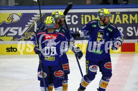 EBEL. Eishockey Bundesliga. EC VSV gegen EC KAC.  Torjubel Alexander Rauchenwald, Anthony Luciani, Robert Sabolic   (VSV). Villach, am 2.12.2022.
Foto: Kuess
www.qspictures.net
---
pressefotos, pressefotografie, kuess, qs, qspictures, sport, bild, bilder, bilddatenbank