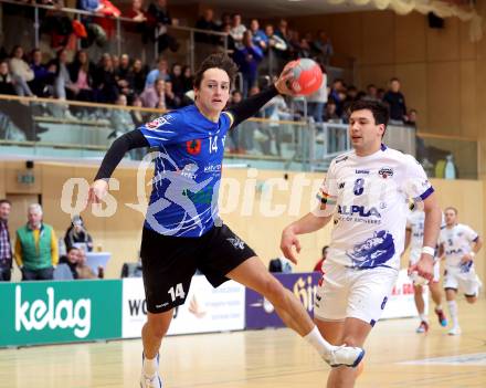 Handball Bundesliga. SC kelag Ferlach gegen ALPLA HC Hard.   Matthias Rath (Ferlach),    Nikola Stevanovic (Hard). Ferlach, 2.12.2022.
Foto: Kuess

---
pressefotos, pressefotografie, kuess, qs, qspictures, sport, bild, bilder, bilddatenbank