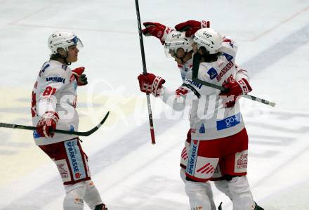 EBEL. Eishockey Bundesliga. EC VSV gegen EC KAC.   Torjubel Finn Van Ee, David Maier, Kele Steffler (KAC). Villach, am 2.12.2022.
Foto: Kuess
www.qspictures.net
---
pressefotos, pressefotografie, kuess, qs, qspictures, sport, bild, bilder, bilddatenbank