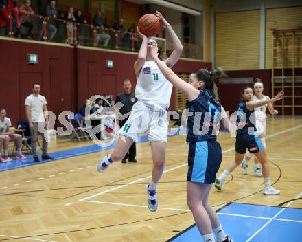 Basketball Damen Superliga. Grunddurchgang 8. Runde. KOS Celovec Damen gegen Vienna Timberwolves. Lana Santelj  (KOS),  Antonia Dumancic (Vienna Timberwolves). Klagenfurt, 3.12.2022.
Foto: Kuess
---
pressefotos, pressefotografie, kuess, qs, qspictures, sport, bild, bilder, bilddatenbank