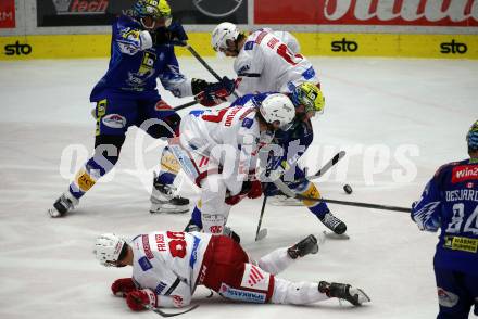 EBEL. Eishockey Bundesliga. EC VSV gegen EC KAC.  Alexander Rauchenwald, Derek Joslin,   (VSV),  Nicholas Eric Petersen, Thomas Hundertpfund, Manuel Ganahl   (KAC). Villach, am 2.12.2022.
Foto: Kuess
www.qspictures.net
---
pressefotos, pressefotografie, kuess, qs, qspictures, sport, bild, bilder, bilddatenbank