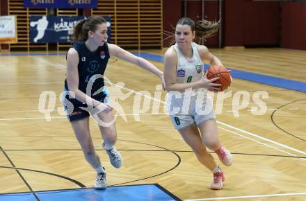 Basketball Damen Superliga. Grunddurchgang 8. Runde. KOS Celovec Damen gegen Vienna Timberwolves. Alina Seher  (KOS),  Melanie Fischer (Vienna Timberwolves). Klagenfurt, 3.12.2022.
Foto: Kuess
---
pressefotos, pressefotografie, kuess, qs, qspictures, sport, bild, bilder, bilddatenbank