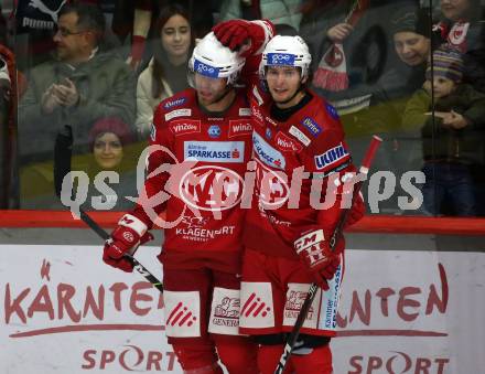 EBEL. Eishockey Bundesliga. EC KAC gegen  HK Olimpija. Torjubel Thomas Hundertpfund, David Maier   (KAC). Klagenfurt, am 4.12.2022.
Foto: Kuess
www.qspictures.net
---
pressefotos, pressefotografie, kuess, qs, qspictures, sport, bild, bilder, bilddatenbank