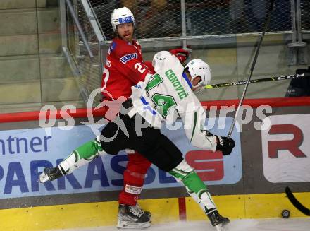 EBEL. Eishockey Bundesliga. EC KAC gegen  HK Olimpija. Thomas Hundertpfund,  (KAC),    Aljosa Crnovic   (Laibach). Klagenfurt, am 4.12.2022.
Foto: Kuess
www.qspictures.net
---
pressefotos, pressefotografie, kuess, qs, qspictures, sport, bild, bilder, bilddatenbank
