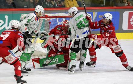 EBEL. Eishockey Bundesliga. EC KAC gegen  HK Olimpija. Sebastian Dahm, David Maier,  (KAC),  Ziga Pance, Christopher Dodero   (Laibach). Klagenfurt, am 4.12.2022.
Foto: Kuess
www.qspictures.net
---
pressefotos, pressefotografie, kuess, qs, qspictures, sport, bild, bilder, bilddatenbank