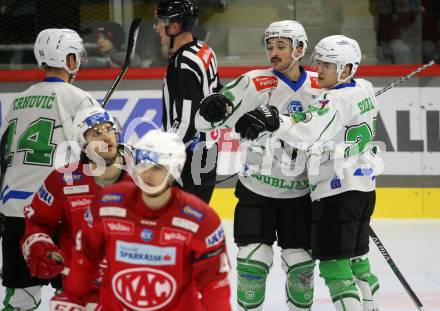 EBEL. Eishockey Bundesliga. EC KAC gegen  HK Olimpija  Torjubel Jaka Sodja  (Laibach). Klagenfurt, am 4.12.2022.
Foto: Kuess
www.qspictures.net
---
pressefotos, pressefotografie, kuess, qs, qspictures, sport, bild, bilder, bilddatenbank