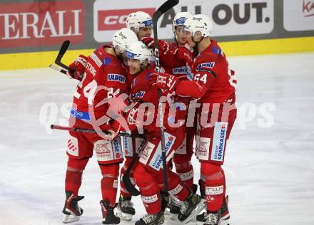 EBEL. Eishockey Bundesliga. EC KAC gegen  HK Olimpija.  Torjubel Fabian Hochegger, Steven Strong, Maximilian Preiml, Nikolaus Kraus  (KAC). Klagenfurt, am 4.12.2022.
Foto: Kuess
www.qspictures.net
---
pressefotos, pressefotografie, kuess, qs, qspictures, sport, bild, bilder, bilddatenbank