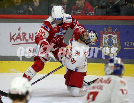 EBEL. Eishockey Bundesliga. EC KAC gegen  Salzburg.  Matthew Fraser, (KAC),  Dominique Heinrich   (Salzburg). Klagenfurt, am 9.12.2022.
Foto: Kuess
www.qspictures.net
---
pressefotos, pressefotografie, kuess, qs, qspictures, sport, bild, bilder, bilddatenbank