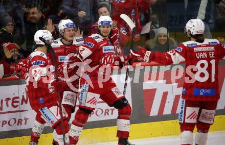 EBEL. Eishockey Bundesliga. EC KAC gegen  Salzburg. Torjubel David Maier, Tobias Sablattnig, Steven Strong, Finn Van ee  (KAC). Klagenfurt, am 9.12.2022.
Foto: Kuess
www.qspictures.net
---
pressefotos, pressefotografie, kuess, qs, qspictures, sport, bild, bilder, bilddatenbank