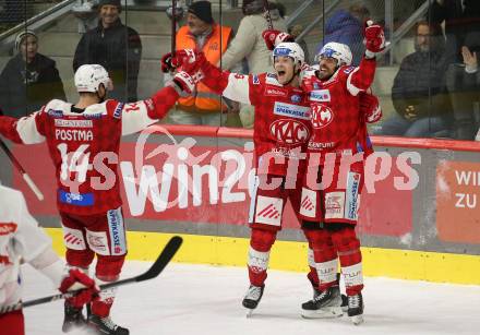 EBEL. Eishockey Bundesliga. EC KAC gegen  Salzburg. Torjubel Lucas Lessio, Matthew Fraser, Paul Postma  (KAC). Klagenfurt, am 9.12.2022.
Foto: Kuess
www.qspictures.net
---
pressefotos, pressefotografie, kuess, qs, qspictures, sport, bild, bilder, bilddatenbank