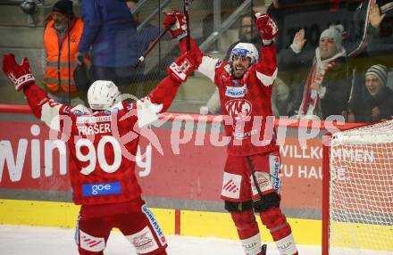 EBEL. Eishockey Bundesliga. EC KAC gegen  Salzburg.  Torjubel Lucas Lessio, Matthew Fraser (KAC). Klagenfurt, am 9.12.2022.
Foto: Kuess
www.qspictures.net
---
pressefotos, pressefotografie, kuess, qs, qspictures, sport, bild, bilder, bilddatenbank