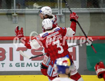 EBEL. Eishockey Bundesliga. EC KAC gegen  Salzburg.  Torjubel David Maier, Tobias Sablattnig (KAC). Klagenfurt, am 9.12.2022.
Foto: Kuess
www.qspictures.net
---
pressefotos, pressefotografie, kuess, qs, qspictures, sport, bild, bilder, bilddatenbank