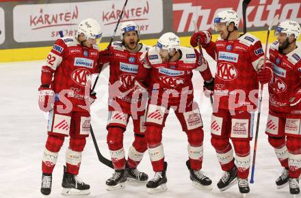 EBEL. Eishockey Bundesliga. EC KAC gegen  Salzburg.  Torjubel Manuel Ganahl, Nicholas Eric Petersen, Clemens Unterweger, Rok Ticar, Paul Postma (KAC). Klagenfurt, am 9.12.2022.
Foto: Kuess
www.qspictures.net
---
pressefotos, pressefotografie, kuess, qs, qspictures, sport, bild, bilder, bilddatenbank