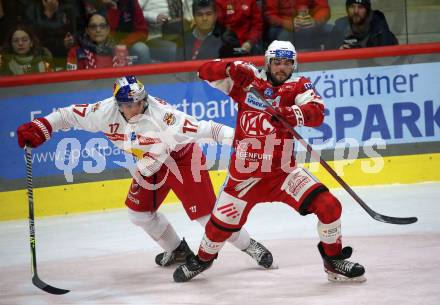 EBEL. Eishockey Bundesliga. EC KAC gegen  Salzburg.  Steven Strong,  (KAC),  Nikolaus Heigl  (Salzburg). Klagenfurt, am 9.12.2022.
Foto: Kuess
www.qspictures.net
---
pressefotos, pressefotografie, kuess, qs, qspictures, sport, bild, bilder, bilddatenbank