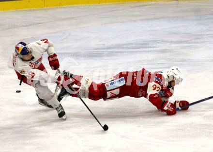 EBEL. Eishockey Bundesliga. EC KAC gegen  Salzburg.  Clemens Unterweger, (KAC),    Lucas Thaler (Salzburg). Klagenfurt, am 9.12.2022.
Foto: Kuess
www.qspictures.net
---
pressefotos, pressefotografie, kuess, qs, qspictures, sport, bild, bilder, bilddatenbank