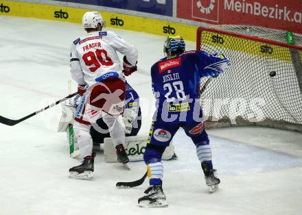 EBEL. Eishockey Bundesliga. VSV gegen KAC.  Derek Joslin,  (VSV),  Matthew Fraser  (KAC). Villach, am 20.12.2022.
Foto: Kuess
www.qspictures.net
---
pressefotos, pressefotografie, kuess, qs, qspictures, sport, bild, bilder, bilddatenbank