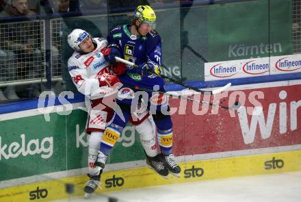 EBEL. Eishockey Bundesliga. VSV gegen KAC.  Philipp Lindner, (VSV),  Nikolaus Kraus   (KAC). Villach, am 20.12.2022.
Foto: Kuess
www.qspictures.net
---
pressefotos, pressefotografie, kuess, qs, qspictures, sport, bild, bilder, bilddatenbank