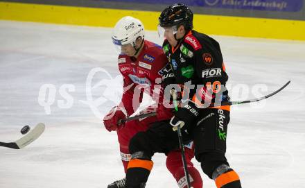 EBEL. Eishockey Bundesliga. EC KAC gegen  Moser Medical Graz99ers.  Kele Steffler,  (KAC),    Tobias Fladeby (Graz). Klagenfurt, am 23.12.2022.
Foto: Kuess
www.qspictures.net
---
pressefotos, pressefotografie, kuess, qs, qspictures, sport, bild, bilder, bilddatenbank