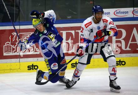 EBEL. Eishockey Bundesliga. EC VSV gegen HC TIWAG Innsbruck.   Dominik Grafenthin,   (VSV),  Jamal Watson  (Innsbruck). Villach, am 26.12.2022.
Foto: Kuess
www.qspictures.net
---
pressefotos, pressefotografie, kuess, qs, qspictures, sport, bild, bilder, bilddatenbank