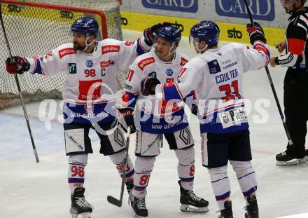 EBEL. Eishockey Bundesliga. EC VSV gegen HC TIWAG Innsbruck.   Torjubel Jan Lattner, Tyler Coulter, Corey MacKin   (Innsbruck). Villach, am 26.12.2022.
Foto: Kuess
www.qspictures.net
---
pressefotos, pressefotografie, kuess, qs, qspictures, sport, bild, bilder, bilddatenbank