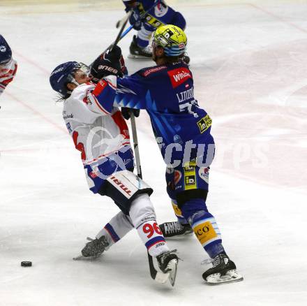 EBEL. Eishockey Bundesliga. EC VSV gegen HC TIWAG Innsbruck.   Philipp Lindner,   (VSV),    Martin Ulmer (Innsbruck). Villach, am 26.12.2022.
Foto: Kuess
www.qspictures.net
---
pressefotos, pressefotografie, kuess, qs, qspictures, sport, bild, bilder, bilddatenbank