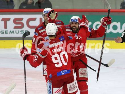 EBEL. Eishockey Bundesliga. EC KAC gegen  HK SZ Olimpija Ljubljana.  Torjubel Lucas Lessio, Paul Postma, Matthew Fraser (KAC). Klagenfurt, am 3.1.2023.
Foto: Kuess
www.qspictures.net
---
pressefotos, pressefotografie, kuess, qs, qspictures, sport, bild, bilder, bilddatenbank