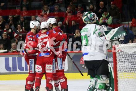 EBEL. Eishockey Bundesliga. EC KAC gegen  HK SZ Olimpija Ljubljana.  Torjubel Matthew Fraser, Lucas Lessio, Thomas Vallant, Steven Strong (KAC). Klagenfurt, am 3.1.2023.
Foto: Kuess
www.qspictures.net
---
pressefotos, pressefotografie, kuess, qs, qspictures, sport, bild, bilder, bilddatenbank