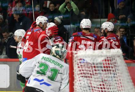 EBEL. Eishockey Bundesliga. EC KAC gegen  HK SZ Olimpija Ljubljana. Torjubel Rihards Bukarts, Paul Postma, Steven Strong  (KAC). Klagenfurt, am 3.1.2023.
Foto: Kuess
www.qspictures.net
---
pressefotos, pressefotografie, kuess, qs, qspictures, sport, bild, bilder, bilddatenbank