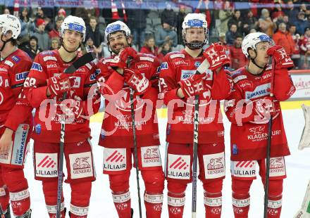 EBEL. Eishockey Bundesliga. EC KAC gegen  HK SZ Olimpija Ljubljana. Luka Gomboc, Marcel Witting, Tobias Piuk, Neal Unterluggauer  (KAC). Klagenfurt, am 3.1.2023.
Foto: Kuess
www.qspictures.net
---
pressefotos, pressefotografie, kuess, qs, qspictures, sport, bild, bilder, bilddatenbank