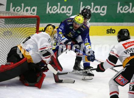 EBEL. Eishockey Bundesliga. EC VSV gegen BEMER Pioneers Vorarlberg.  Chris Collins,   (VSV),   Alex Caffi  (Vorarlberg). Villach, am 8.1.2023
Foto: Kuess
www.qspictures.net
---
pressefotos, pressefotografie, kuess, qs, qspictures, sport, bild, bilder, bilddatenbank