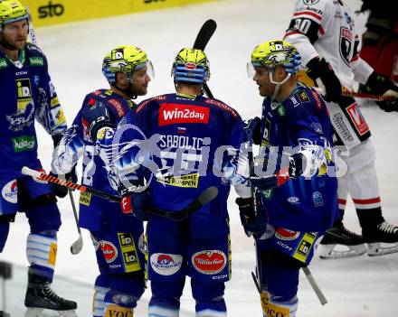 EBEL. Eishockey Bundesliga. EC VSV gegen BEMER Pioneers Vorarlberg.    Torjubel John Hughes, Robert Sabolic, Derek Joslin, (VSV). Villach, am 8.1.2023
Foto: Kuess
www.qspictures.net
---
pressefotos, pressefotografie, kuess, qs, qspictures, sport, bild, bilder, bilddatenbank