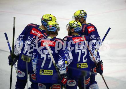 EBEL. Eishockey Bundesliga. EC VSV gegen BEMER Pioneers Vorarlberg.   Torjubel Nicolas Rivett-Mattinen, Philipp Lindner, John Hughes, Robert Sabolic  (VSV). Villach, am 8.1.2023
Foto: Kuess
www.qspictures.net
---
pressefotos, pressefotografie, kuess, qs, qspictures, sport, bild, bilder, bilddatenbank