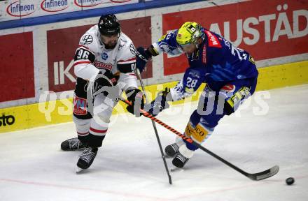 EBEL. Eishockey Bundesliga. EC VSV gegen BEMER Pioneers Vorarlberg.    Derek Joslin, (VSV),   Richard Jarusek (Vorarlberg). Villach, am 8.1.2023
Foto: Kuess
www.qspictures.net
---
pressefotos, pressefotografie, kuess, qs, qspictures, sport, bild, bilder, bilddatenbank