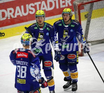 EBEL. Eishockey Bundesliga. EC VSV gegen BEMER Pioneers Vorarlberg.  Torjubel Dominik Grafenthin, Benjamin Lanzinger, Blaz Tomazevic   (VSV). Villach, am 8.1.2023
Foto: Kuess
www.qspictures.net
---
pressefotos, pressefotografie, kuess, qs, qspictures, sport, bild, bilder, bilddatenbank