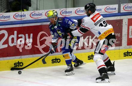 EBEL. Eishockey Bundesliga. EC VSV gegen BEMER Pioneers Vorarlberg.  Anthony Luciani,   (VSV),  Steven Birnstill   (Vorarlberg). Villach, am 8.1.2023
Foto: Kuess
www.qspictures.net
---
pressefotos, pressefotografie, kuess, qs, qspictures, sport, bild, bilder, bilddatenbank