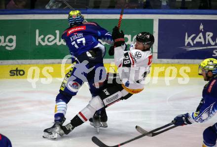 EBEL. Eishockey Bundesliga. EC VSV gegen BEMER Pioneers Vorarlberg.  Arturs Kulda,    (VSV),  Christian Bull  (Vorarlberg). Villach, am 8.1.2023
Foto: Kuess
www.qspictures.net
---
pressefotos, pressefotografie, kuess, qs, qspictures, sport, bild, bilder, bilddatenbank
