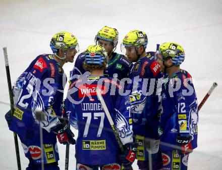 EBEL. Eishockey Bundesliga. EC VSV gegen BEMER Pioneers Vorarlberg.  Torjubel Nicolas Rivett-Mattinen, Philipp Lindner, John Hughes, Robert Sabolic   (VSV). Villach, am 8.1.2023
Foto: Kuess
www.qspictures.net
---
pressefotos, pressefotografie, kuess, qs, qspictures, sport, bild, bilder, bilddatenbank