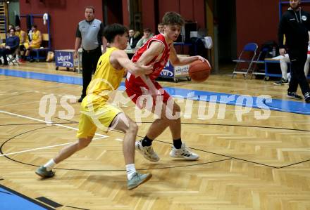 Basketball 2. Liga 2022/2023. Grunddurchgang 12. Runde. Woerthersee Piraten gegen  Upper Austrian Ballers.  Felix Leindecker  (Piraten),  Dejan Kovacevic (Upper Austrian Ballers). Klagenfurt, am 7.1.2023.
Foto: Kuess
www.qspictures.net
---
pressefotos, pressefotografie, kuess, qs, qspictures, sport, bild, bilder, bilddatenbank