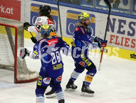 EBEL. Eishockey Bundesliga. EC VSV gegen BEMER Pioneers Vorarlberg.   Torjubel John Hughes, Derek Joslin  (VSV). Villach, am 8.1.2023
Foto: Kuess
www.qspictures.net
---
pressefotos, pressefotografie, kuess, qs, qspictures, sport, bild, bilder, bilddatenbank