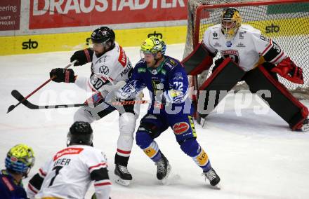 EBEL. Eishockey Bundesliga. EC VSV gegen BEMER Pioneers Vorarlberg.   John Hughes,   (VSV),  Alexander Pallestrang  (Vorarlberg). Villach, am 8.1.2023
Foto: Kuess
www.qspictures.net
---
pressefotos, pressefotografie, kuess, qs, qspictures, sport, bild, bilder, bilddatenbank