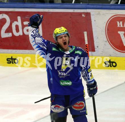 EBEL. Eishockey Bundesliga. EC VSV gegen BEMER Pioneers Vorarlberg.   Torjubel John Hughes  (VSV). Villach, am 8.1.2023
Foto: Kuess
www.qspictures.net
---
pressefotos, pressefotografie, kuess, qs, qspictures, sport, bild, bilder, bilddatenbank