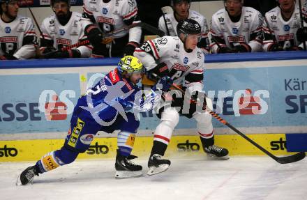 EBEL. Eishockey Bundesliga. EC VSV gegen BEMER Pioneers Vorarlberg.   Benjamin Lanzinger,  (VSV),  Christian Bull   (Vorarlberg). Villach, am 8.1.2023
Foto: Kuess
www.qspictures.net
---
pressefotos, pressefotografie, kuess, qs, qspictures, sport, bild, bilder, bilddatenbank