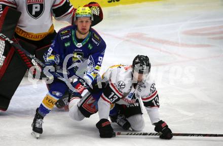 EBEL. Eishockey Bundesliga. EC VSV gegen BEMER Pioneers Vorarlberg.   Blaz Tomazevic,   (VSV),   Steven Birnstill (Vorarlberg). Villach, am 8.1.2023
Foto: Kuess
www.qspictures.net
---
pressefotos, pressefotografie, kuess, qs, qspictures, sport, bild, bilder, bilddatenbank