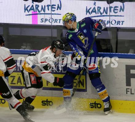 EBEL. Eishockey Bundesliga. EC VSV gegen BEMER Pioneers Vorarlberg.   Nicolas Rivett- Mattinen,  (VSV),    Jack Jacome  (Vorarlberg). Villach, am 8.1.2023
Foto: Kuess
www.qspictures.net
---
pressefotos, pressefotografie, kuess, qs, qspictures, sport, bild, bilder, bilddatenbank