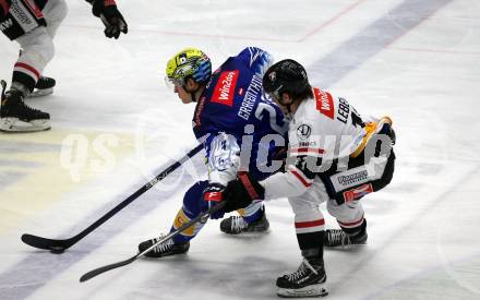 EBEL. Eishockey Bundesliga. EC VSV gegen BEMER Pioneers Vorarlberg.   Dominik Grafenthin,   (VSV),   Yannik Lebeda (Vorarlberg). Villach, am 8.1.2023
Foto: Kuess
www.qspictures.net
---
pressefotos, pressefotografie, kuess, qs, qspictures, sport, bild, bilder, bilddatenbank