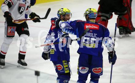 EBEL. Eishockey Bundesliga. EC VSV gegen BEMER Pioneers Vorarlberg.  Torjubel John Hughes, Robert Sabolic   (VSV). Villach, am 8.1.2023
Foto: Kuess
www.qspictures.net
---
pressefotos, pressefotografie, kuess, qs, qspictures, sport, bild, bilder, bilddatenbank