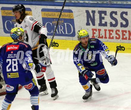 EBEL. Eishockey Bundesliga. EC VSV gegen BEMER Pioneers Vorarlberg.    Torjubel John Hughes, Derek Joslin (VSV). Villach, am 8.1.2023
Foto: Kuess
www.qspictures.net
---
pressefotos, pressefotografie, kuess, qs, qspictures, sport, bild, bilder, bilddatenbank