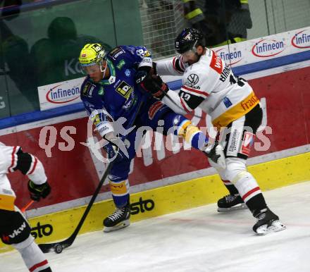 EBEL. Eishockey Bundesliga. EC VSV gegen BEMER Pioneers Vorarlberg.  Anthony Luciani,  (VSV),  Steven Birnstill    (Vorarlberg). Villach, am 8.1.2023
Foto: Kuess
www.qspictures.net
---
pressefotos, pressefotografie, kuess, qs, qspictures, sport, bild, bilder, bilddatenbank