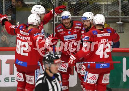 EBEL. Eishockey Bundesliga. EC KAC gegen  HC TIWAG Innsbruck. Torjubel Fabian Hochegger, Rihards Bukarts, Rok Ticar, Clemens Unterweger, Thomas Hundertpfund (KAC). Klagenfurt, am 13.1.2023.
Foto: Kuess
www.qspictures.net
---
pressefotos, pressefotografie, kuess, qs, qspictures, sport, bild, bilder, bilddatenbank