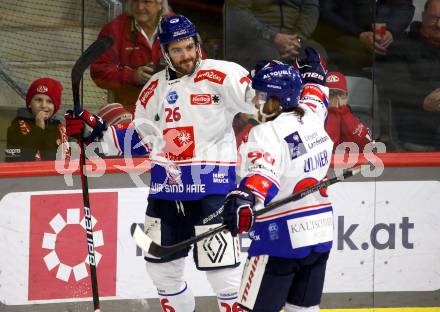 EBEL. Eishockey Bundesliga. EC KAC gegen  HC TIWAG Innsbruck.  Torjubel Daniel Leavens, Martin Ulmer (Innsbruck). Klagenfurt, am 13.1.2023.
Foto: Kuess
www.qspictures.net
---
pressefotos, pressefotografie, kuess, qs, qspictures, sport, bild, bilder, bilddatenbank